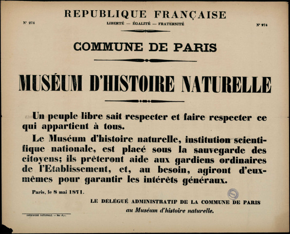 N°274. Le Muséum est placé sous la garde des citoyens