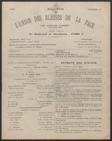 Année 1923. Bulletin de l'Union des blessés de la face "Les Gueules cassées"