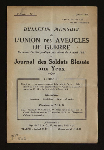 Année 1927 - Bulletin mensuel de l'Union des aveugles de guerre et journal des soldats blessés aux yeux