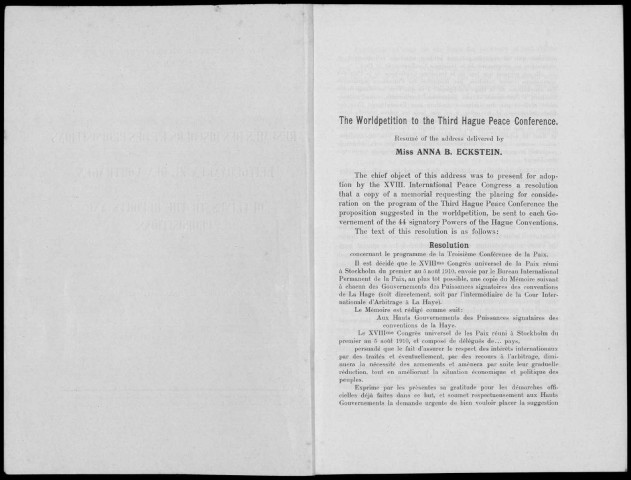 XVIIIe congrès universel de la paix à Stockholm 1910. Résumés des discours et propositions