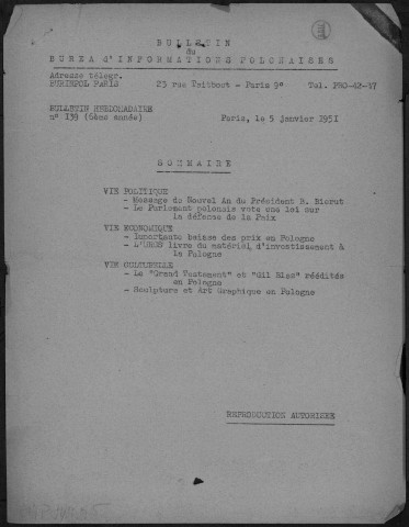 Bulletin du Bureau d'Informations Polonaises - 1951 - n°139-n°184Autre titre : Bulletin d'information