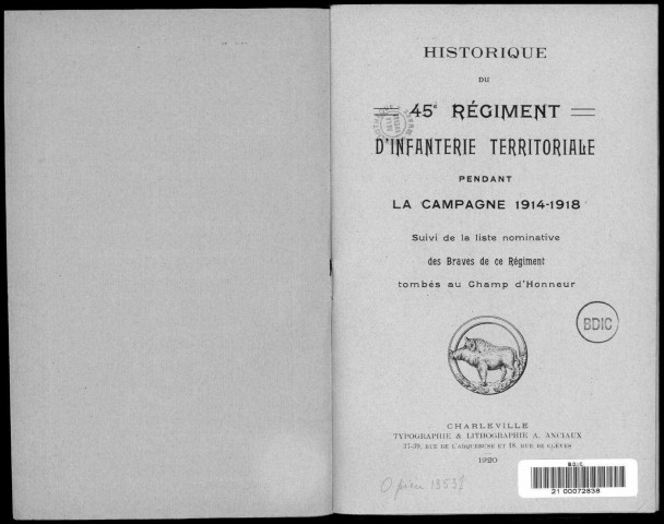 Historique du 45ème régiment territorial d'infanterie