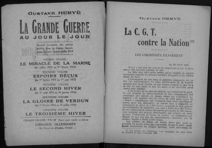 La C.G.T. contre la Nation. Sous-Titre : La grève des cheminots et la grève générale de Mai 1920-Les 9 commandements de Lénine-Le Congrès de la C.G.T. à Orléans-Dans l'attente d'un syndicalisme professionnel, réformiste et national