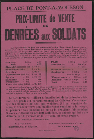 Place de Pont-à-Mousson : prix-limite de vente de denrées aux soldats