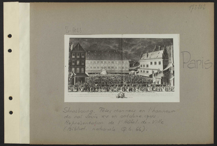 Paris. Strasbourg. Fêtes données en l'honneur du roi Louis XV en octobre 1744. Représentation de l'hôtel-de-ville (Bibliothèque nationale Qb 66)