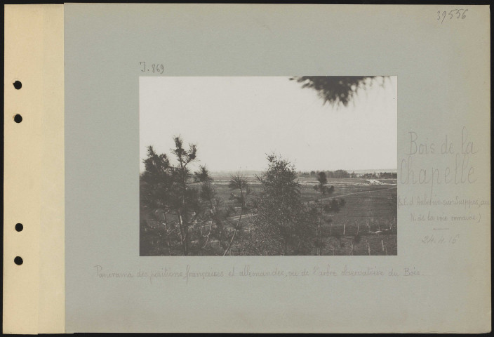 Bois de la Chapelle (sud-est d'Aubérive-sur-Suippes, au nord de la voie romaine). Panorama des positions françaises et allemandes, vu de l'arbre observatoire du Bois