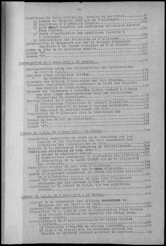 TABLE DES MATIERES : Conférences et réunions du 25 février 1919 au 10 mars 1919. Sous-Titre : Conférences de la paix