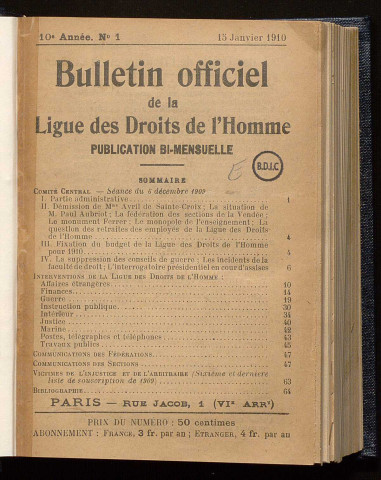 Janvier 1910 - Bulletin officiel de la Ligue des Droits de l'Homme