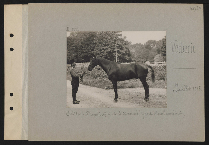 Verberie. Château Saint-Corneil (?) : QG de la troisième armée ; type de cheval américain