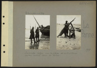 La Panne. Sentinelles belges sur la plage et mitrailleuse contre avions dans les dunes