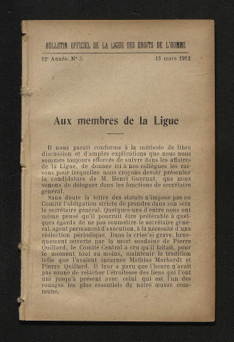 Mars 1912 - Bulletin officiel de la Ligue des Droits de l'Homme