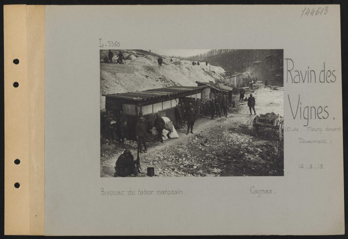 Ravin des Vignes (ouest de Fleury devant Douaumont). Bivouac du tabor marocain. Cagnas
