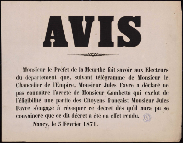 Le Chancelier de l'Empire… A déclaré ne pas connaître l'arrêté de Monsieur Gambetta…