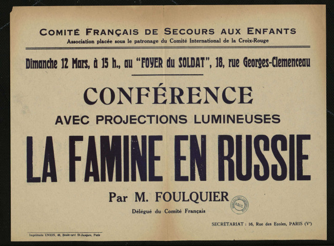 Conférence avec projections lumineuses la famine en Russie par M. Foulquier