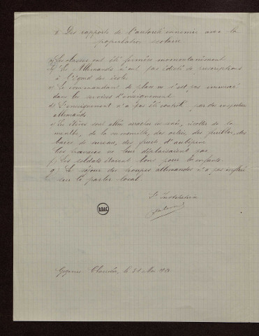 Gognies Chaussée (59) : réponses au questionnaire sur le territoire occupé par les armées allemandes