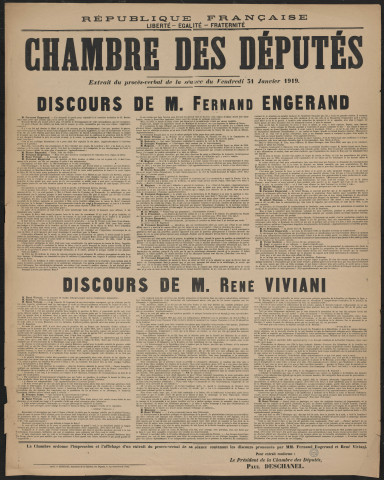 Chambre des députés : extrait du procès-verbal de la séance du jeudi 31 janvier 1919. Discours de M. Fernand Engerand & M. René Viviani