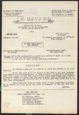 Le Bavard. Journal du Front. paraissant chaque mois, né au Secteur Postal 29. Journal de la 3e Cie du 96èm B. C. P.
