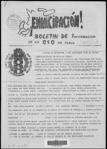 Emancipación ! (1975 : octubre). Sous-Titre : oposición sindical obrera [puis de Paris]. Miembro del F.R.A.P. [puis] : boletín de información de la O.S.O. de Paris