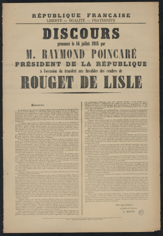 Discours prononcé le 14 juillet 1915 par M. Raymond Poincaré, président de la République à l'occasion du transfert aux Invalides des cendres de Rouget de Lisle