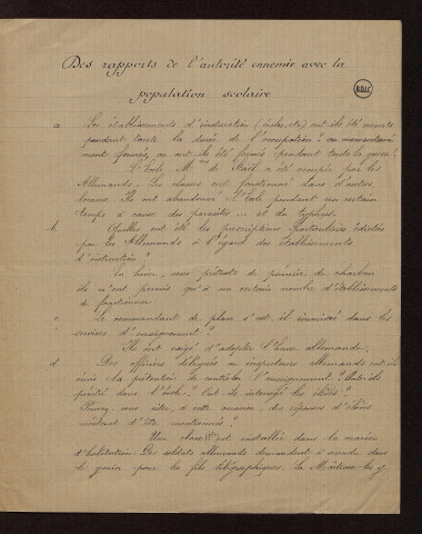 [Lille] (59) : réponses au questionnaire sur le territoire occupé par les armées allemandes