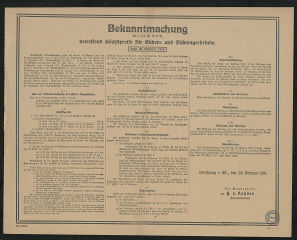 Bekanntmachung betreffend Höchstpreise für Eichen und Fichtengerbrinde