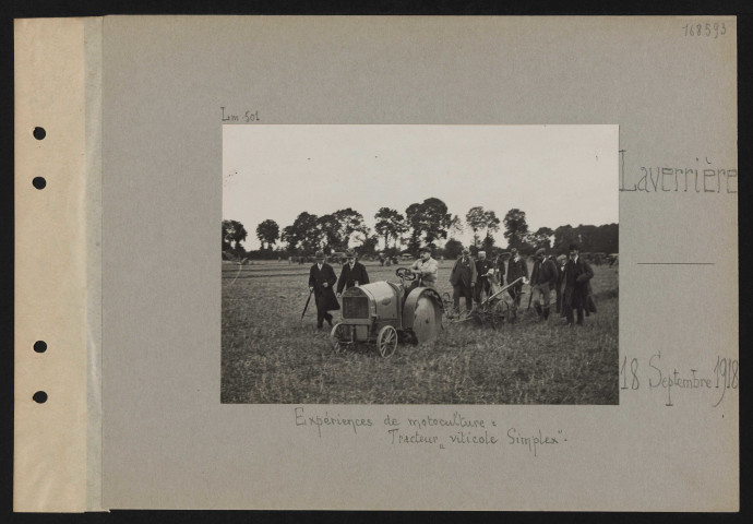 Laverrière. Expériences de motoculture : tracteur "viticole Simplex"