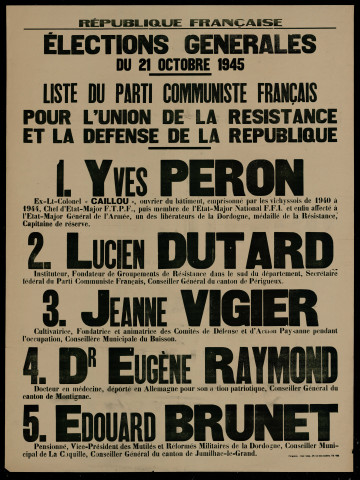 Élections générales : liste du Parti Communiste Français pour l'Union de la Résistance et la défense de la République