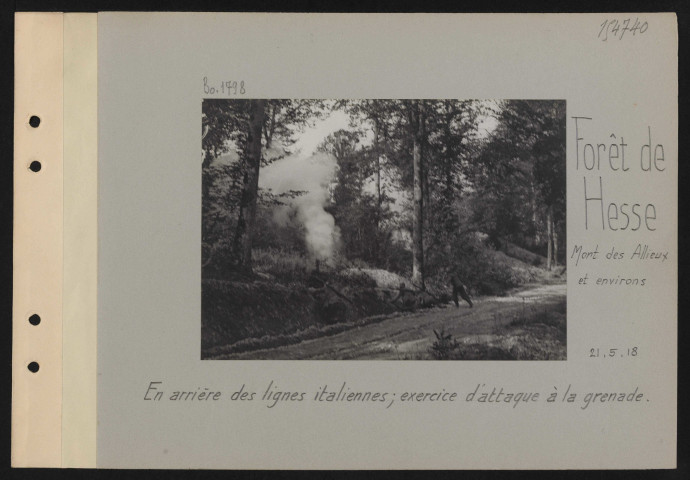 Forêt de Hesse, Mont des Allieux et environs. En arrière des lignes italiennes ; exercice d'attaque à la grenade