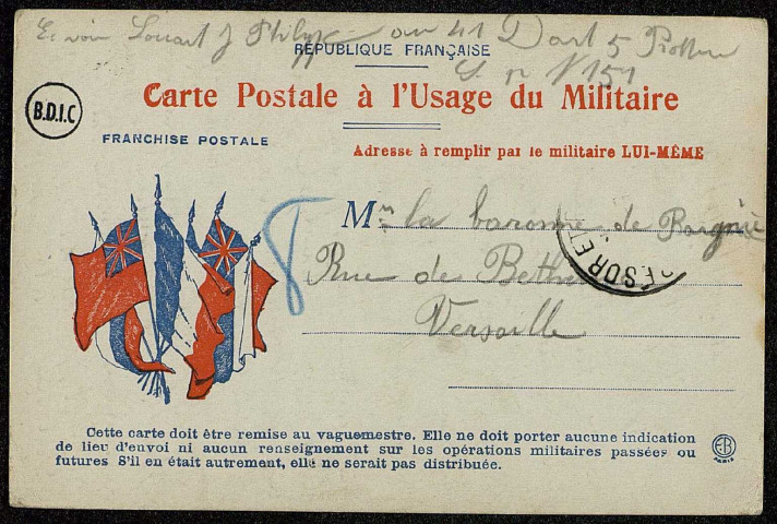 Lettres adressées à Mme la baronne de Fagnie, rue de Béthune à Versailles