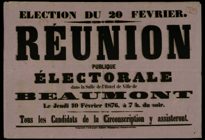 Réunion publique électorale dans la salle de l'Hôtel de Ville de Beaumont