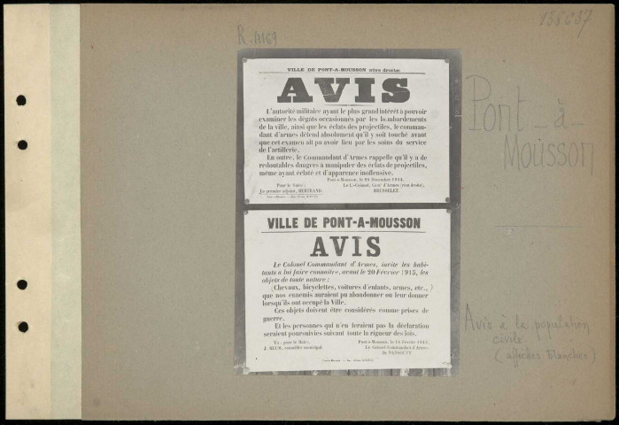 Pont-à-Mousson. Avis à la population civile (affiches blanches)