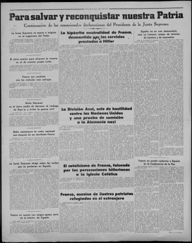 Reconquista de España (Zone Nord) (1945 : n° 49-66). Sous-Titre : organo de la Unión nacional. Suplemento región Norte [puis] organo de Unión nacional de todos los Españoles. Suplemento Zona Norte [puis] organo de la U.N.E. en la Zona Norte [puis] organo de la Delegación en Paris del Secretariado de la U.N.E. en Francia [puis] al servicio de la Junta suprema de Unión nacional