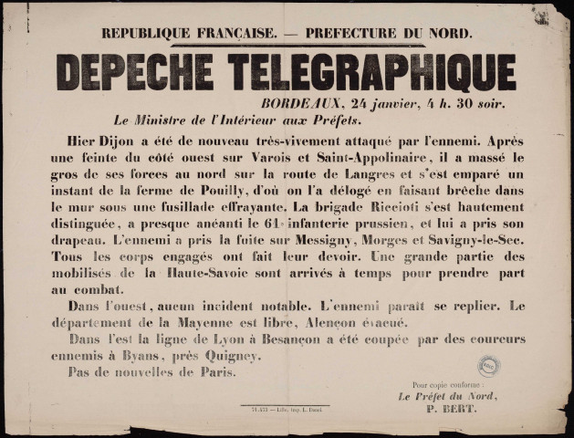 Dépêche télégraphique : Dijon a été de nouveau… Attaqué par l'ennemi…