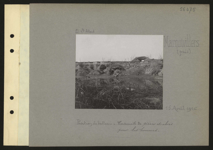 Marquivillers (près). Position de batterie : casemate de pièce et abris pour les hommes