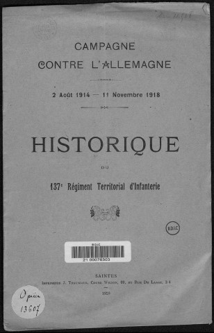 Historique du 137ème régiment territorial d'infanterie