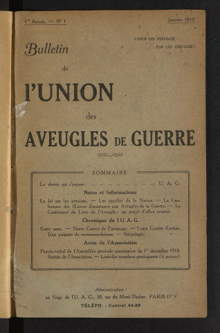 Année 1919 - Bulletin mensuel de l'Union des aveugles de guerre et journal des soldats blessés aux yeux