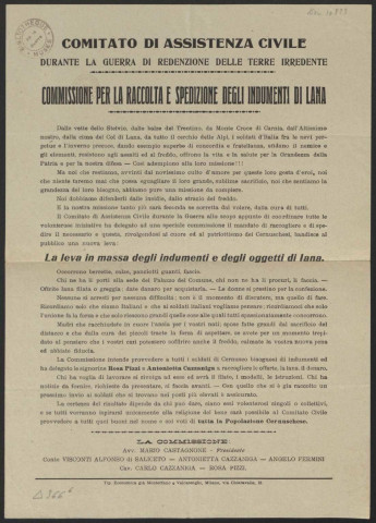 Guerre mondiale 1914-1918. Italie. Associations et comités divers d'assistance civile. Propagande patriotique, tracts, documents