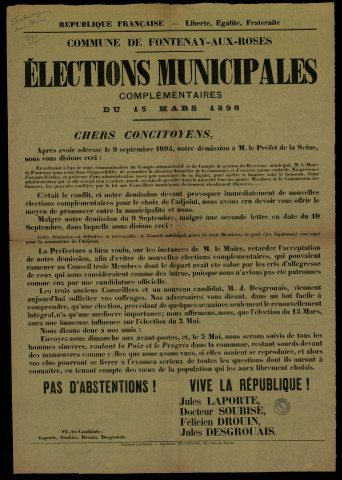 Elections Municipales Complémentaires : Candidats Laporte, Soubise, Drouin, Desgrouais