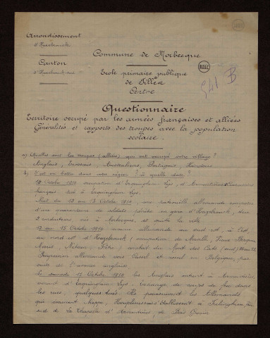 Morbecque (59) : réponses au questionnaire sur le territoire occupé par les armées françaises et alliées