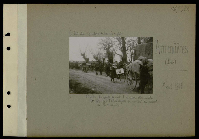 Armentières. Civils fuyant devant l'avance allemande et troupes britanniques se portant au devant de l'ennemi
