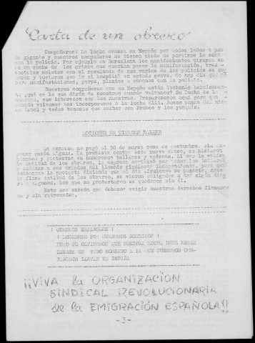 Emancipación (1971 : n° 1-2). Sous-Titre : Organización sindical revolucionaria de la emigración española. Autre titre : devient : Emancipación : oposición sindical obrera