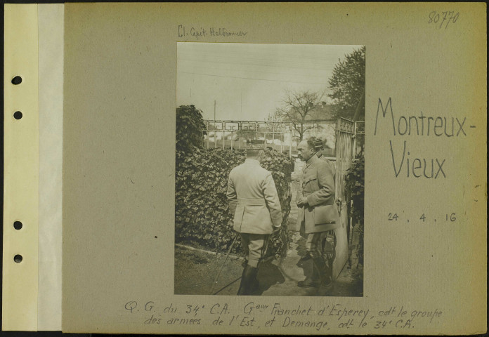 Montreux-Vieux. Quartier général du 34e C.A. Généraux Franchet d'Esperey, commandant le groupe des armées de l'Est, et Demange, commandant le 34e C.A.