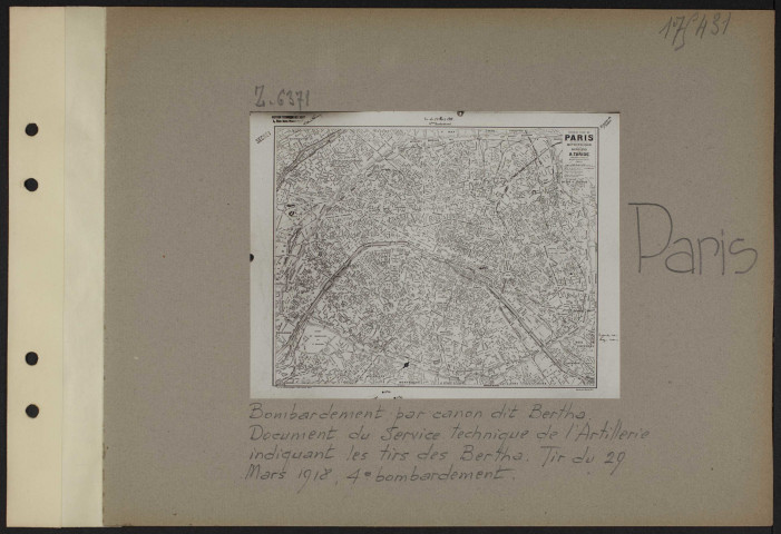 Paris. Bombardement par canon dit Bertha. Document du service technique de l'artillerie indiquant les tirs des Bertha. Tir du 29 mars 1918, quatrième bombardement