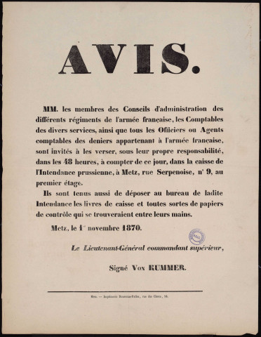 Verser… Les… Deniers appartenant à l'armée française… Dans la caisse de l'Intendance prussienne…