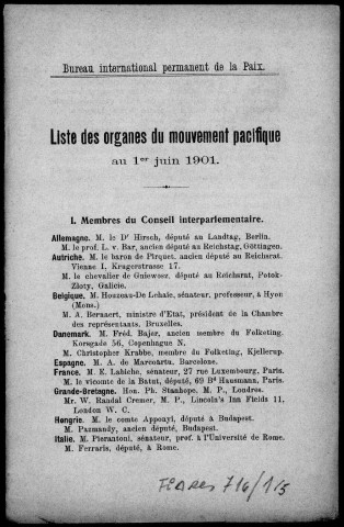 Bureau International permanent de la paix. Liste des organes du mouvement pacifique au 1er juin 1901