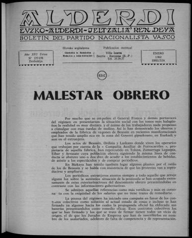 Alderdi (1962 : n° 177-189). Sous-Titre : Boletín del Partido nacionalista vasco