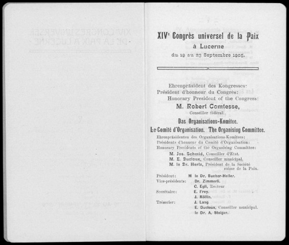 XIVe congrès universel de la paix à Lucerne (Suisse) du 19 au 23 septembre 1905. Sous-Titre : Programm und Tages-Ordnung