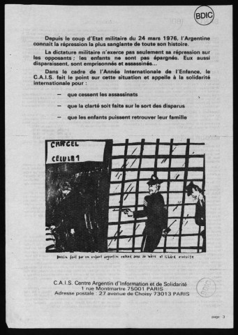 Répression en Argentine : libération des syndicalistes, syndicalisme et mouvement ouvrier, lettre ouverte d'un écrivain à la junte militaire par Rodolfo Walsh, situation dans les prisons, brochure de présentation du CAIS, 1976-1980. Sous-Titre : Fonds Argentine