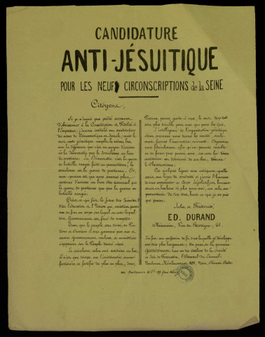 Ed. Durand... Candidature anti-jésuitique pour les neufs circonscriptions de la Seine