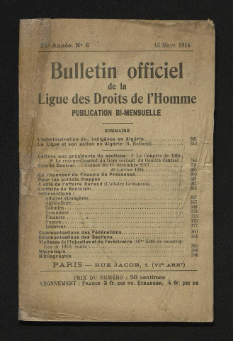 Mars 1914 - Bulletin officiel de la Ligue des Droits de l'Homme